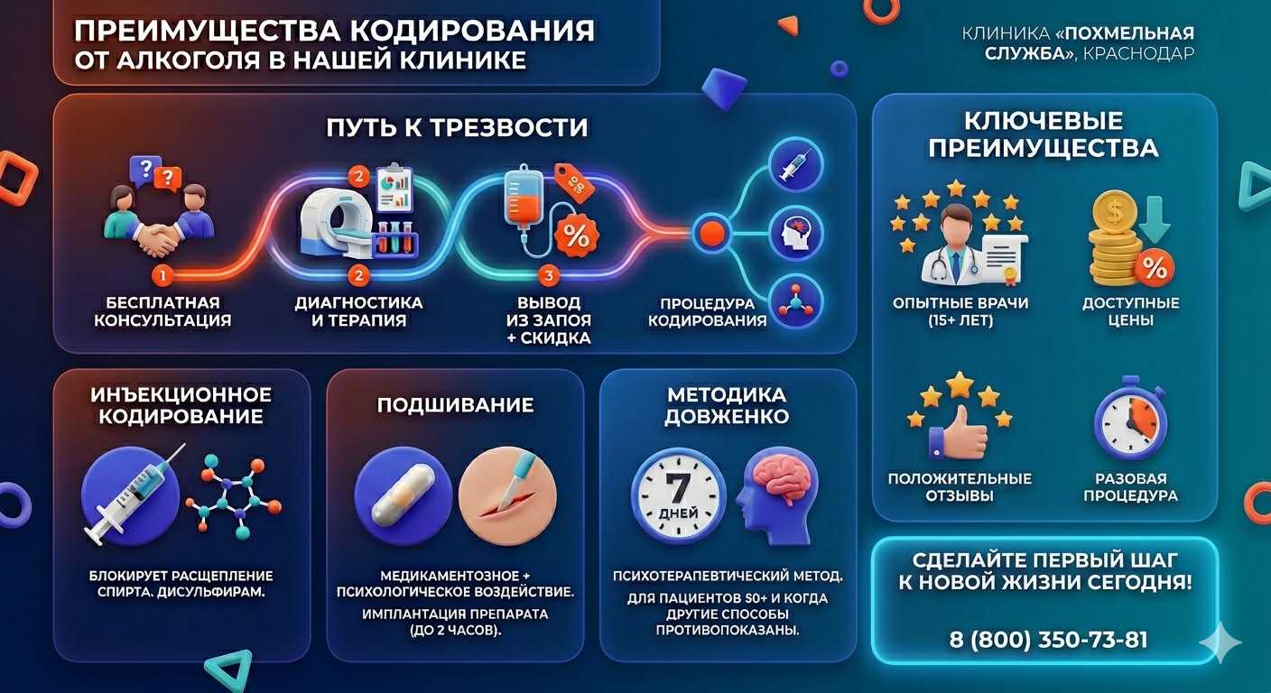 Инфографика о методах кодирования от алкоголя в Рузе: инъекции, подшивание, метод Довженко. Преимущества клиники и этапы лечения.